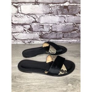 Amanu Black Calf Hair Leather Python Cross Strap Slides Sandals Women 9M US/40EU